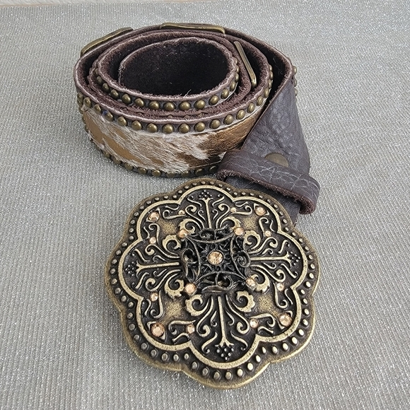 Western Brown Leather Belt with Ornate Buckle, Studs and Hides
